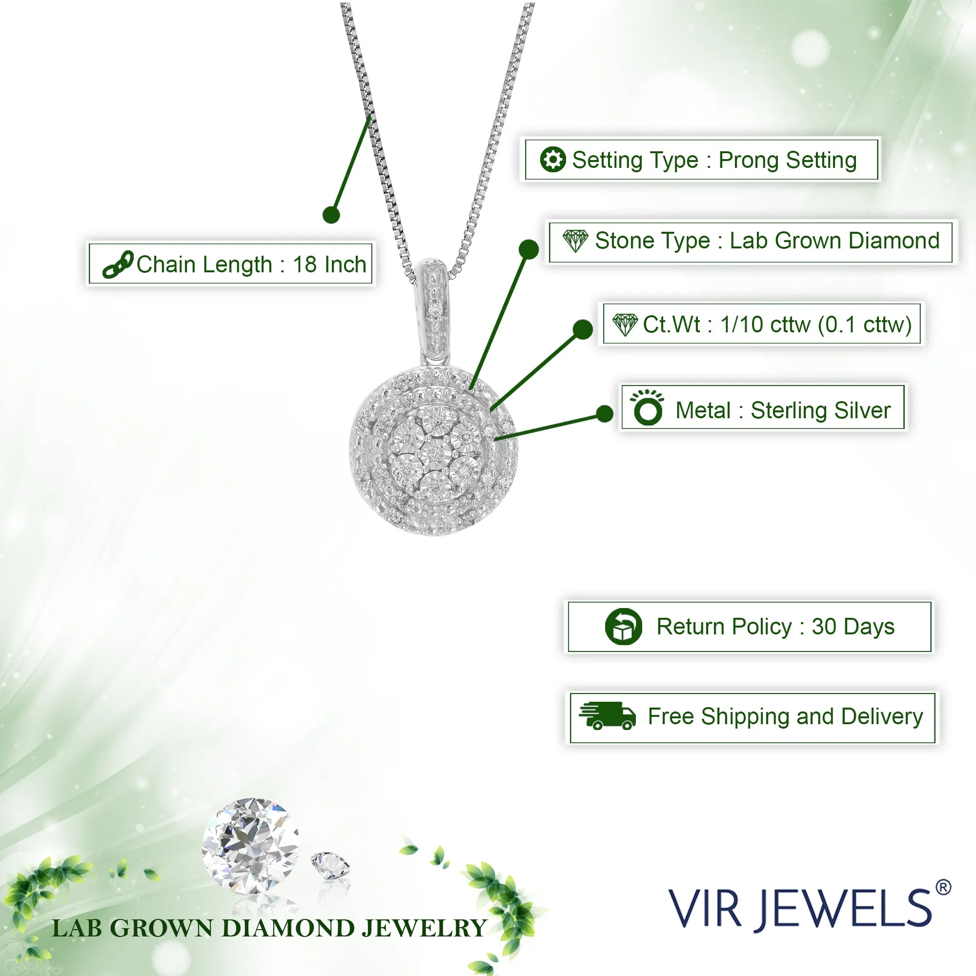 1/10 cttw Lab Grown Diamond Circle Pendant Necklace .925 Sterling Silver 2/5 Inch With 18 Inch Chain