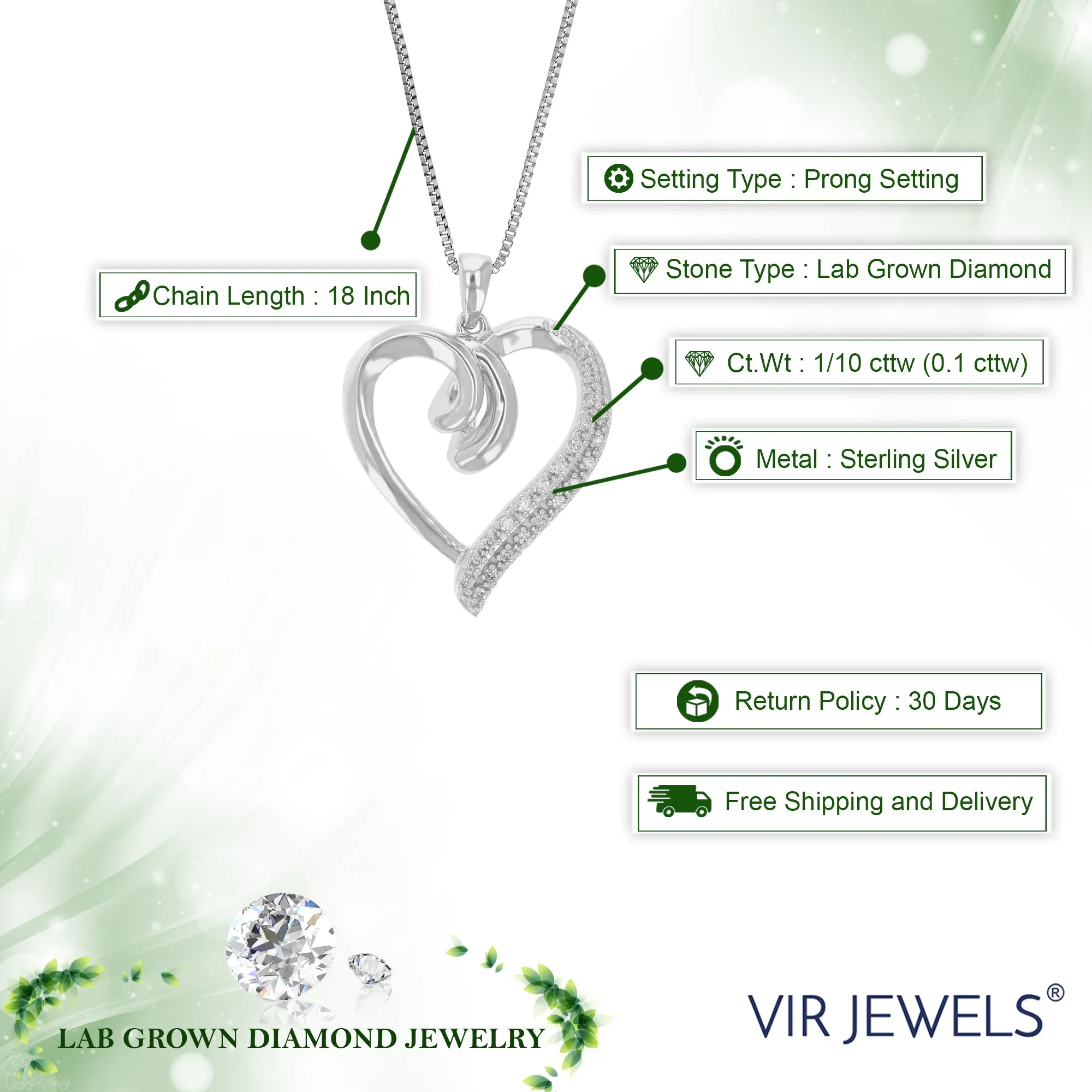 1/10 cttw Lab Grown Diamond Heart Shape Pendant Necklace .925 Sterling Silver 3/4 Inch With 18 Inch Chain