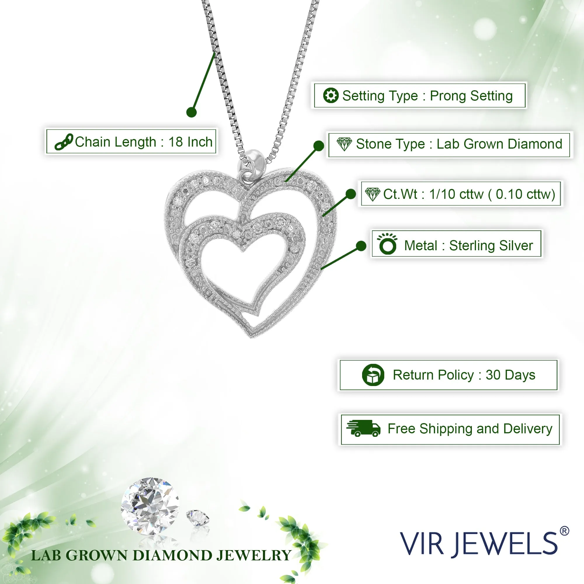 1/10 cttw Lab Grown Diamond Pendant Necklace .925 Sterling Silver 3/4 Inch With 18 Inch Chain