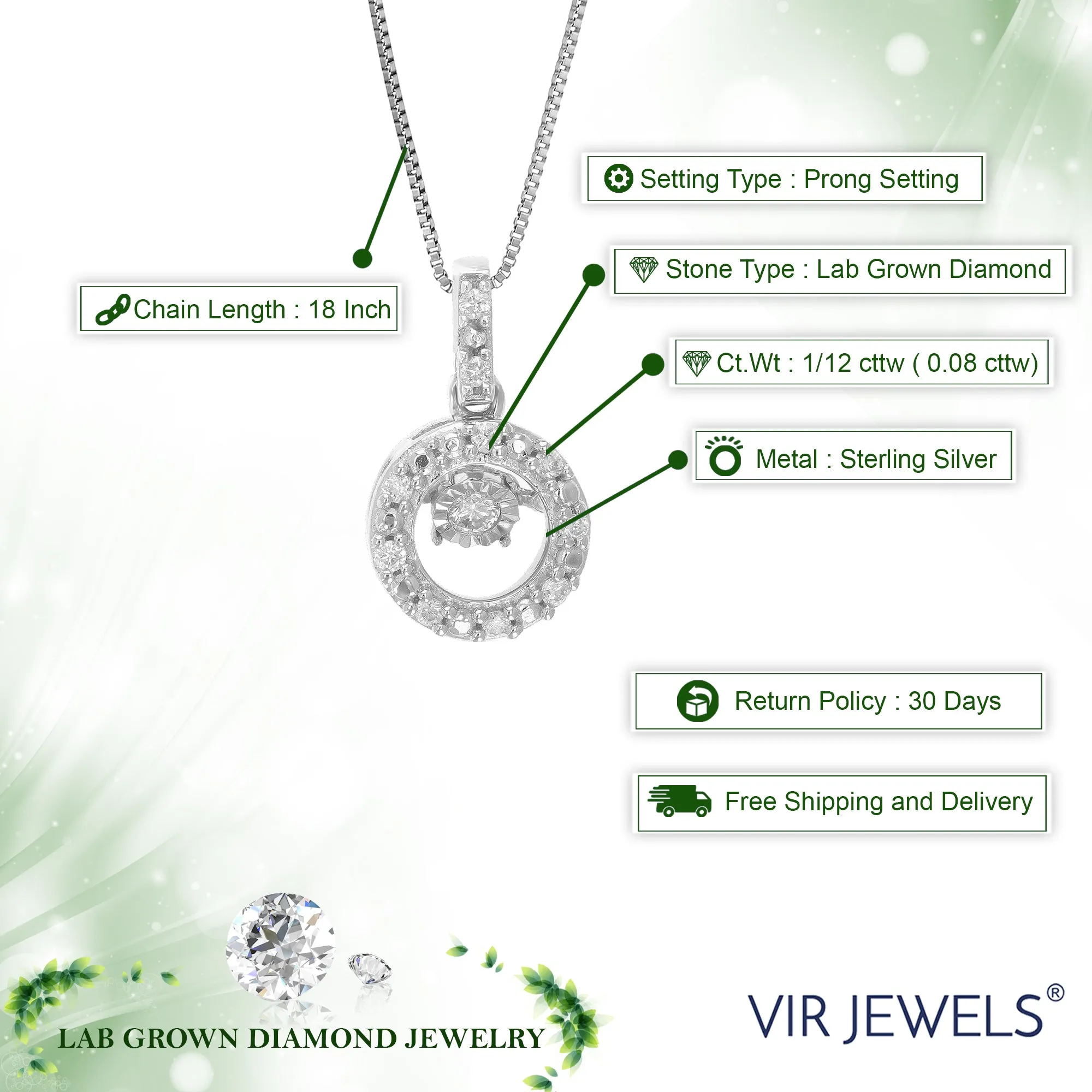1/12 cttw Lab Grown Diamond Circle Pendant Necklace .925 Sterling Silver 1/3 Inch With 18 Inch Chain