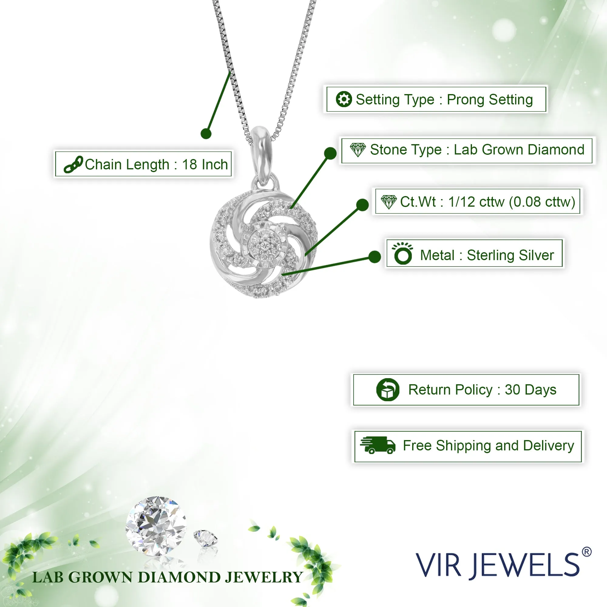 1/12 cttw Lab Grown Diamond Circle Pendant Necklace .925 Sterling Silver 2/5 Inch With 18 Inch Chain