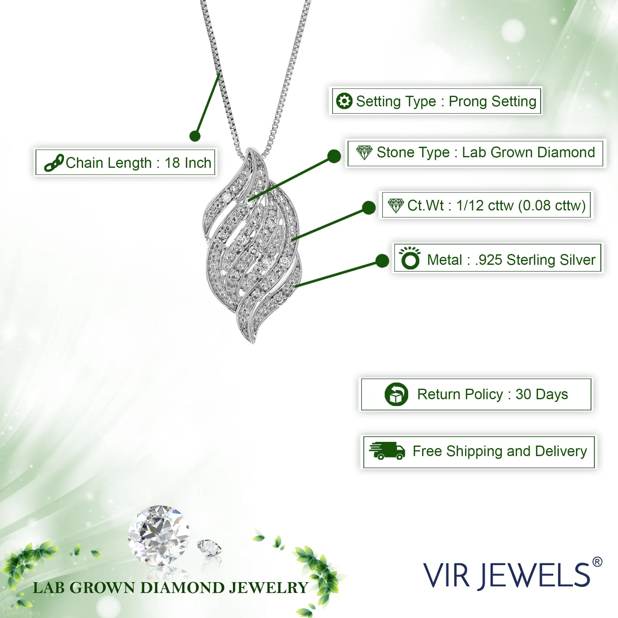 1/12 cttw Lab Grown Diamond Fashion Pendant Necklace .925 Sterling Silver 2/5 Inch with 18 Inch Chain, Size 3/4 Inch