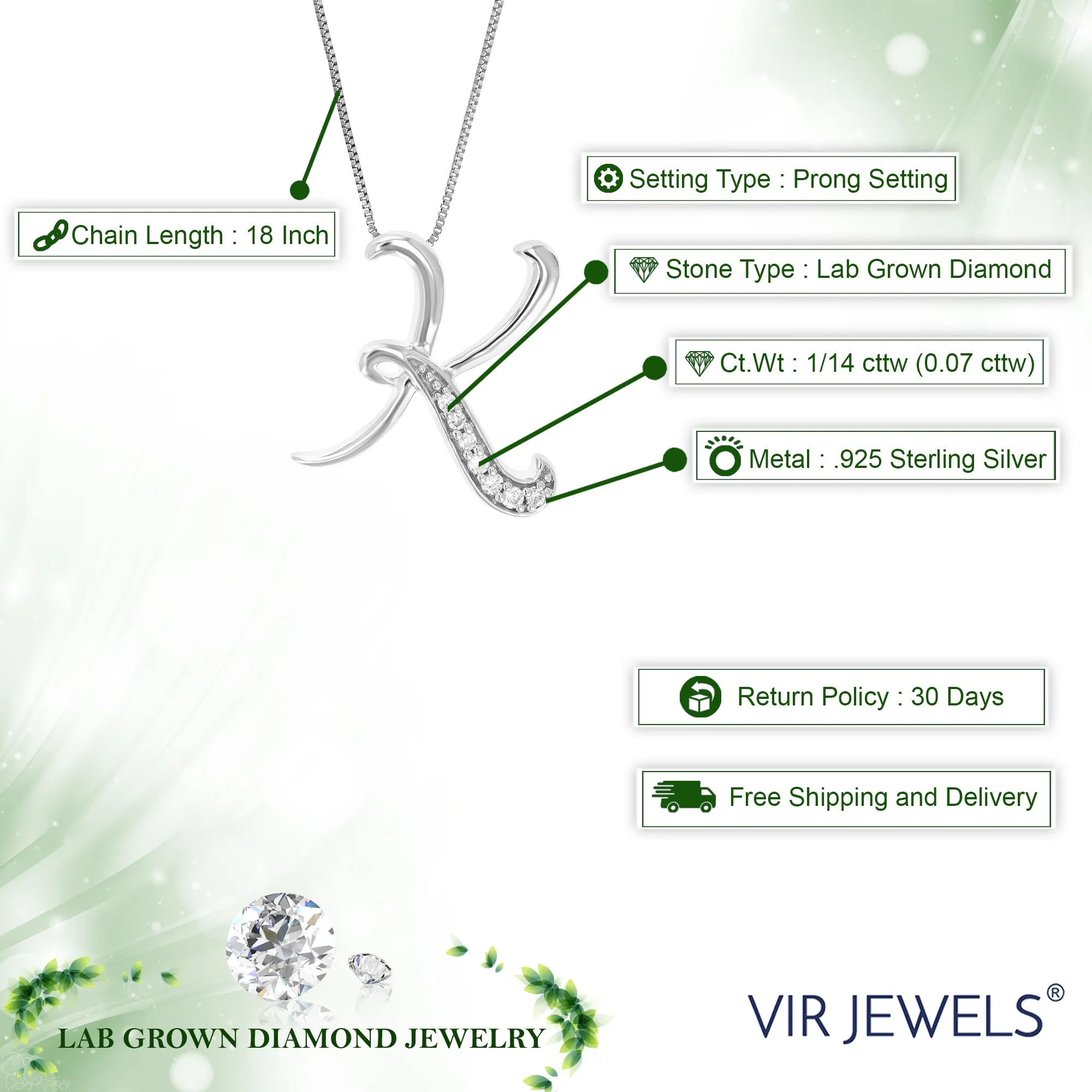1/14 cttw Round Cut 7 Stones Lab Grown Diamond Pendant Necklace .925 Sterling Silver 2/3 Inch With 18 Inch Chain