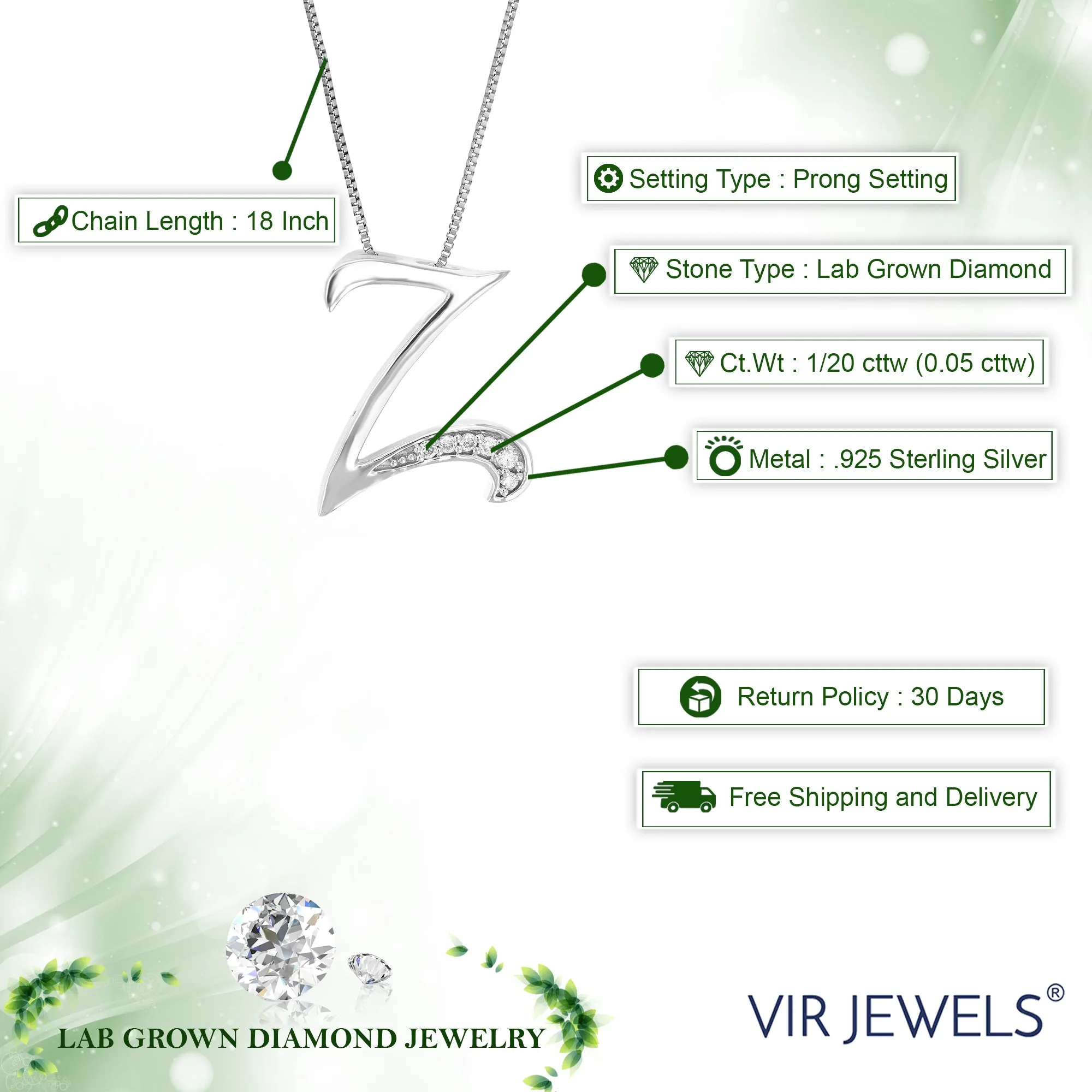 1/20 cttw Round 6 Stones Lab Grown Diamond Pendant Necklace .925 Sterling Silver 1/2 Inch With 18 Inch Chain