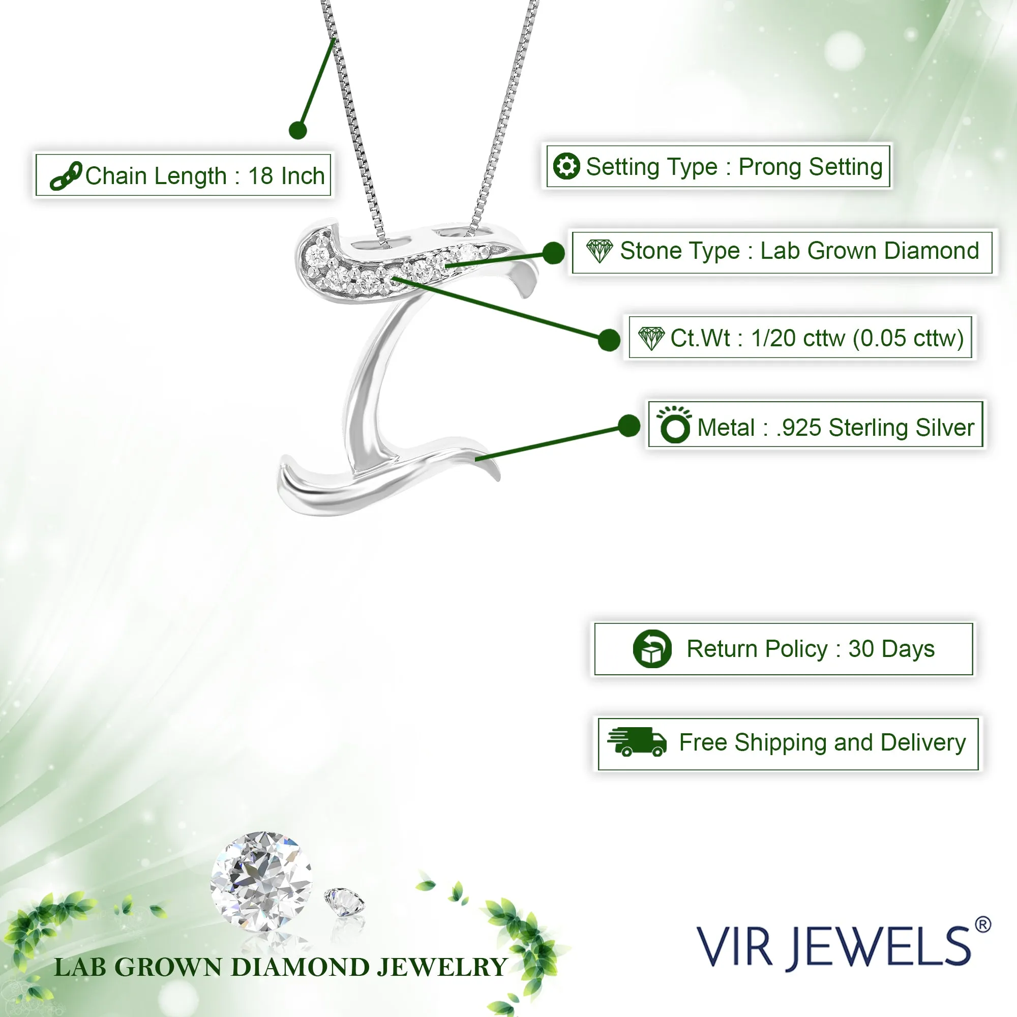 1/20 cttw Round Cut 7 Stones Lab Grown Diamond Pendant Necklace .925 Sterling Silver 1/2 Inch With 18 Inch Chain