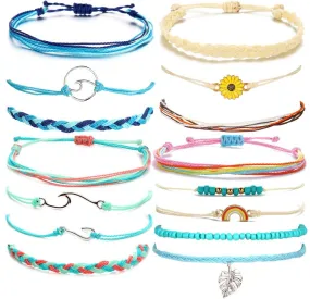 14 Pieces Wave Strand Anklet Bracelets Set,Handmade Cute Sunflower Bracelets Adjustable Braided Rope Bracelet Bohemian Beach Friendship Jewelry Gifts lively maple set