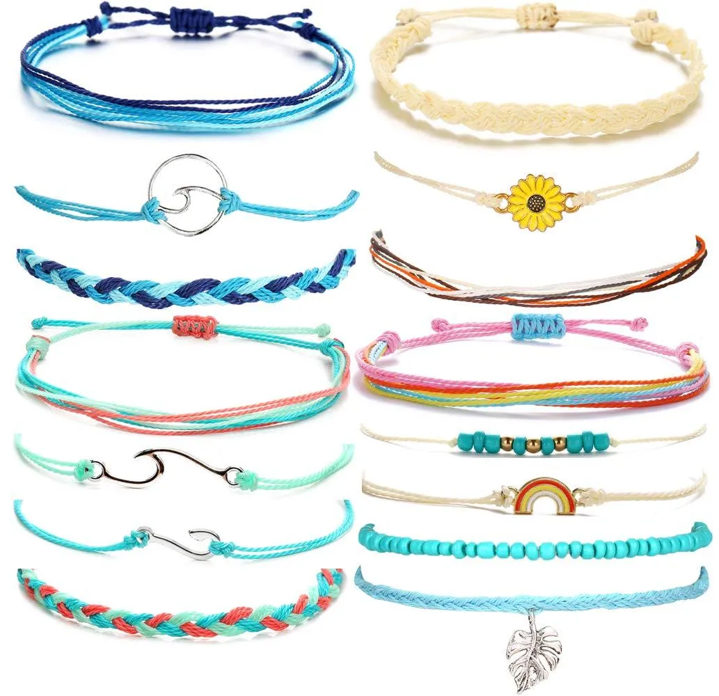 14 Pieces Wave Strand Anklet Bracelets Set,Handmade Cute Sunflower Bracelets Adjustable Braided Rope Bracelet Bohemian Beach Friendship Jewelry Gifts lively maple set
