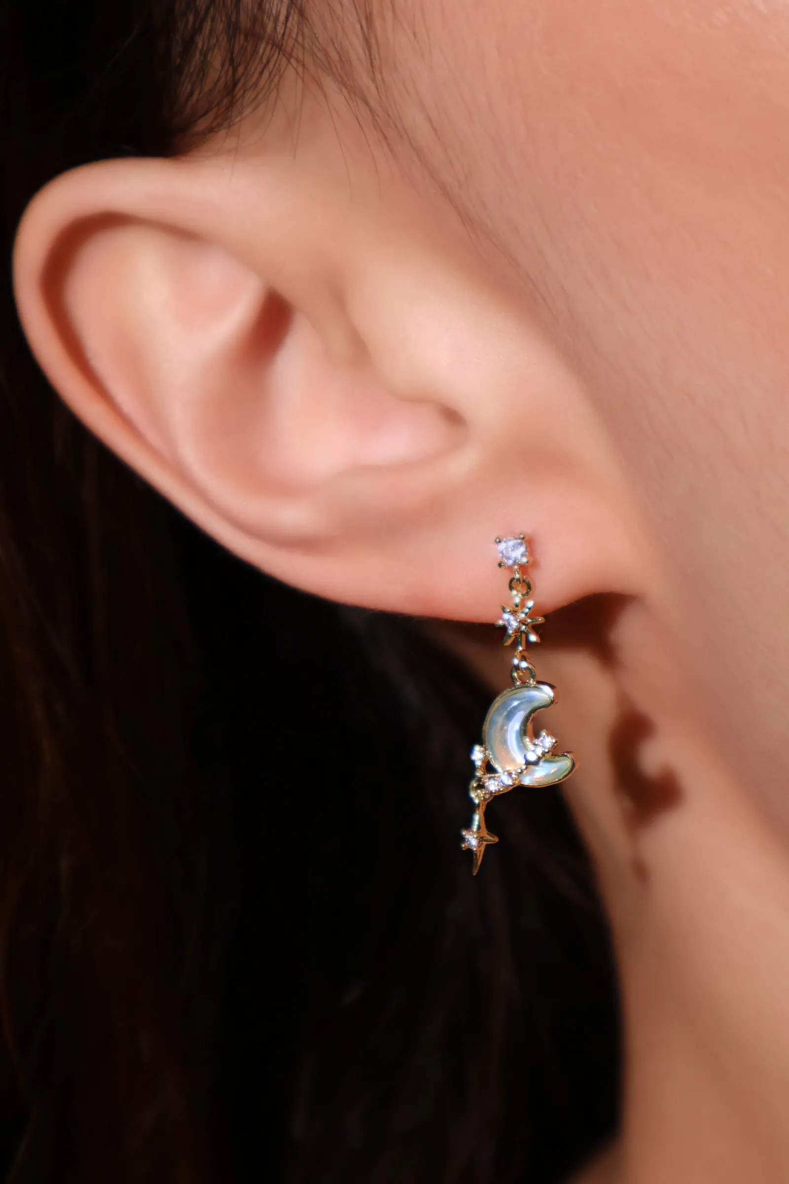14K Real Gold Plated Blue Gem Moon Star Earrings