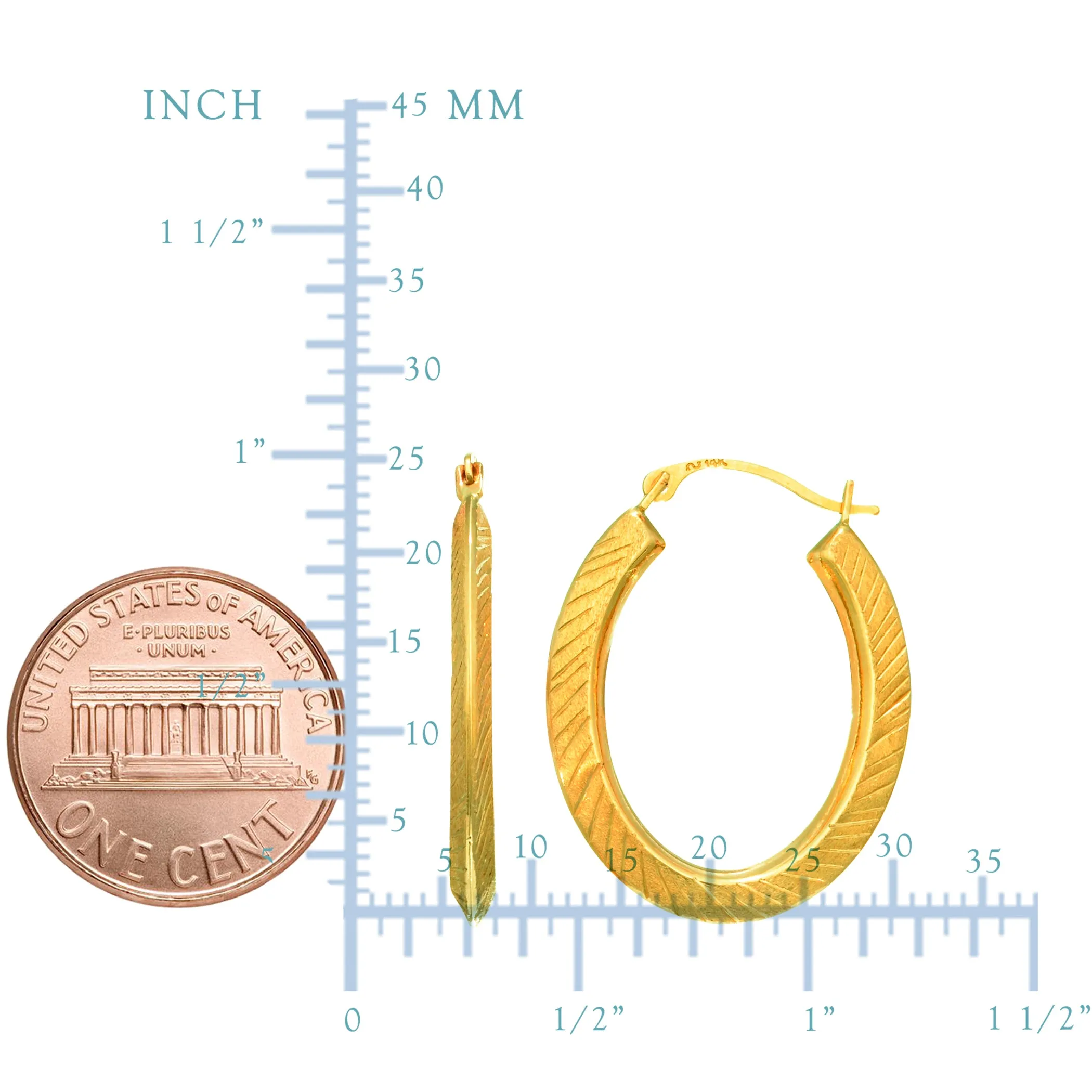 14K Yellow Gold Satin Finish Three Sided Oval Hoop Earrings