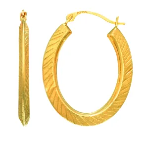 14K Yellow Gold Satin Finish Three Sided Oval Hoop Earrings
