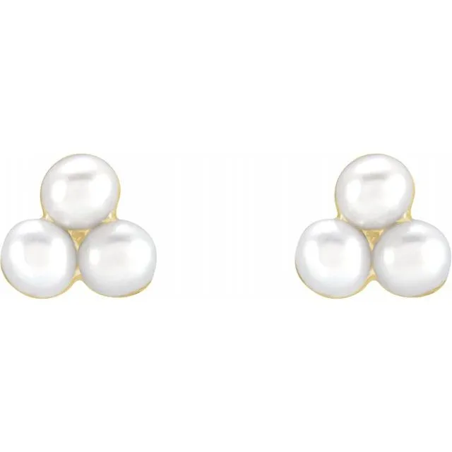14K Yellow Gold Triple Pearl Cluster Earrings