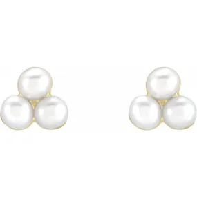14K Yellow Gold Triple Pearl Cluster Earrings