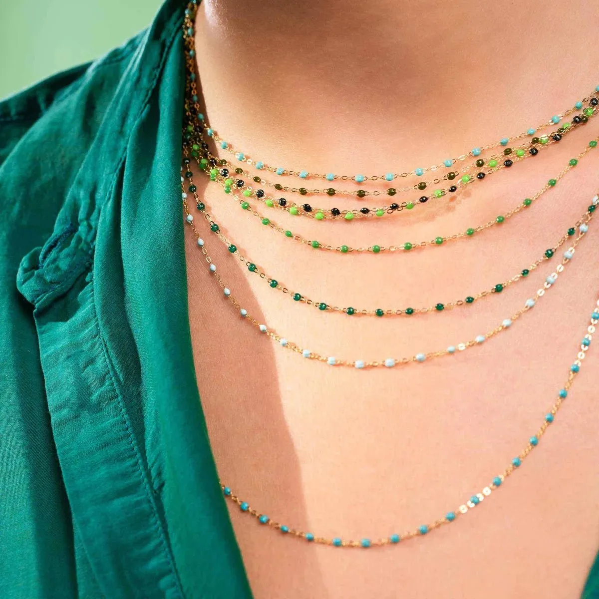 18K Gold Blue "Lagoon" Resin Beaded "Classic" Necklace