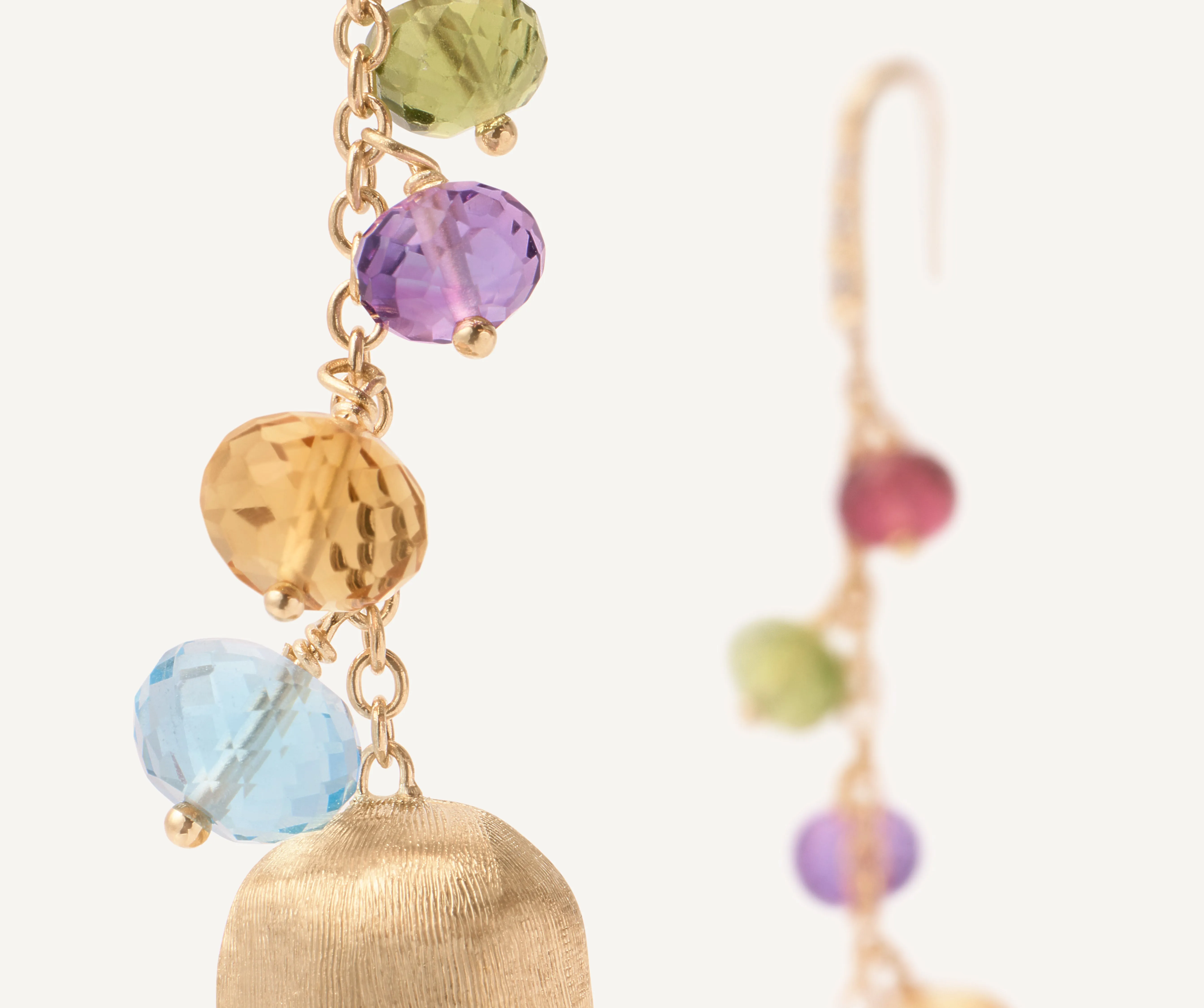 18K Yellow Gold Mixed Gemstone Long Drop Earrings with Diamond Pavé Hook