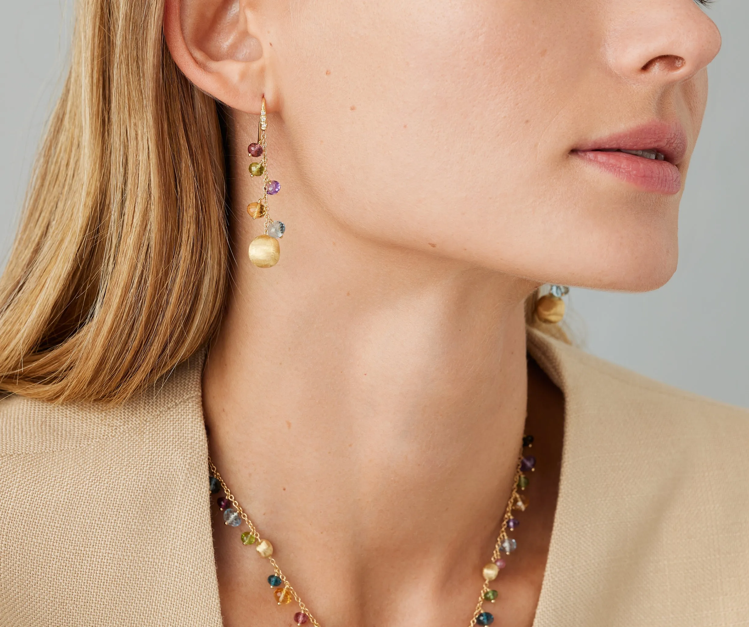 18K Yellow Gold Mixed Gemstone Long Drop Earrings with Diamond Pavé Hook