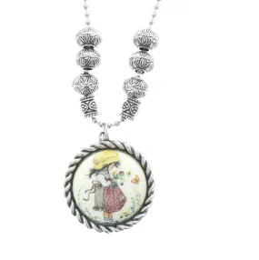 35mm Holly Hobbie Cameo Necklace, Vintage 1970's Cabochon, 18" or 24" silver chain, in gift bag, each