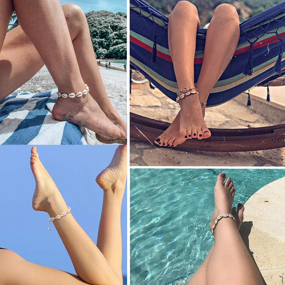 4 Pack Adjustable Shell Bracelets Anklets Set Natural Cowrie Shell Beads Puka Seashells Ankle Jewelry for Men Women