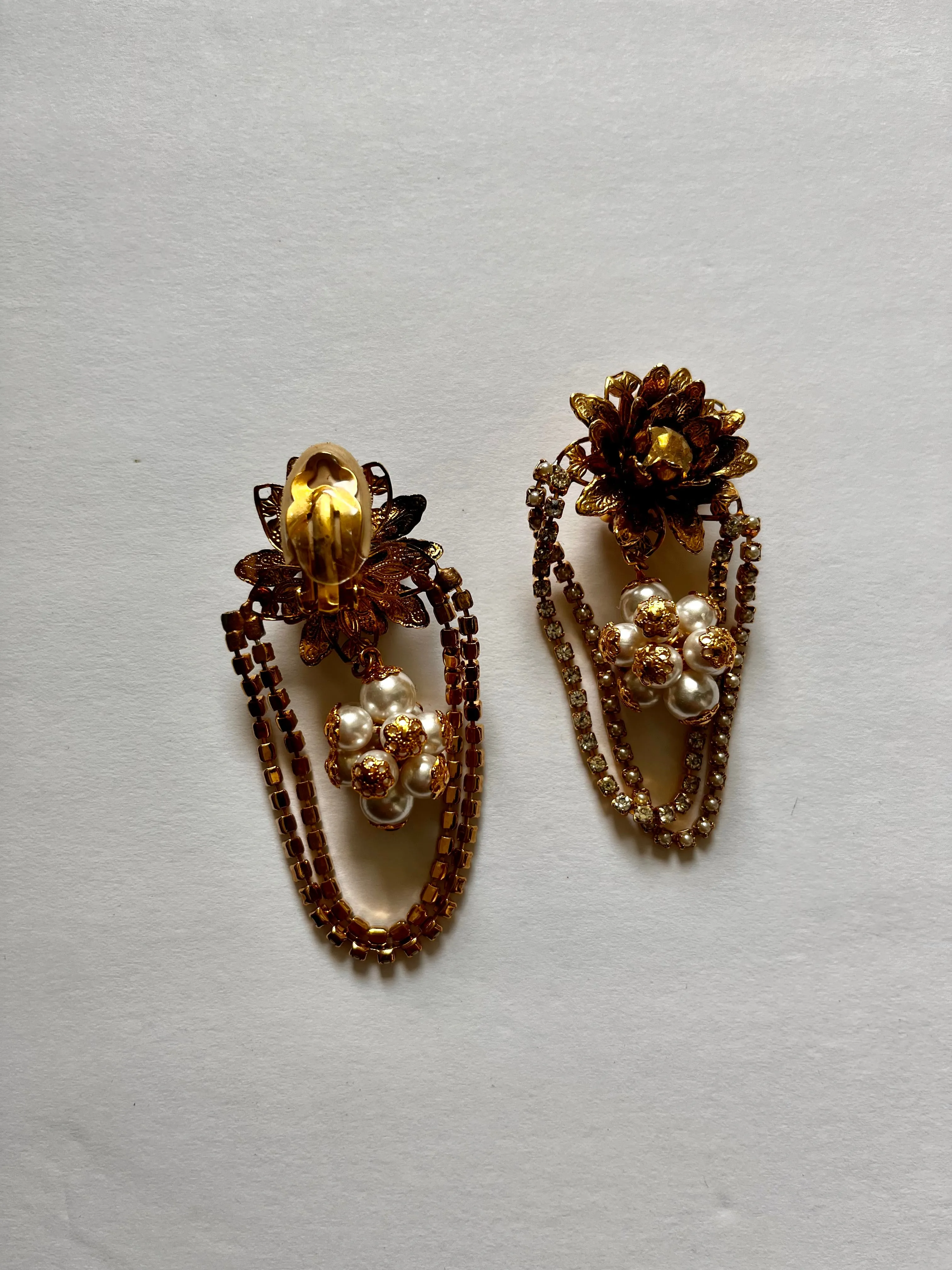 Baroque Earrings Statement Cabochon Cluster Pearl Clip On Earrings Flower Dangle Rhinestones Rare Vintage 80s
