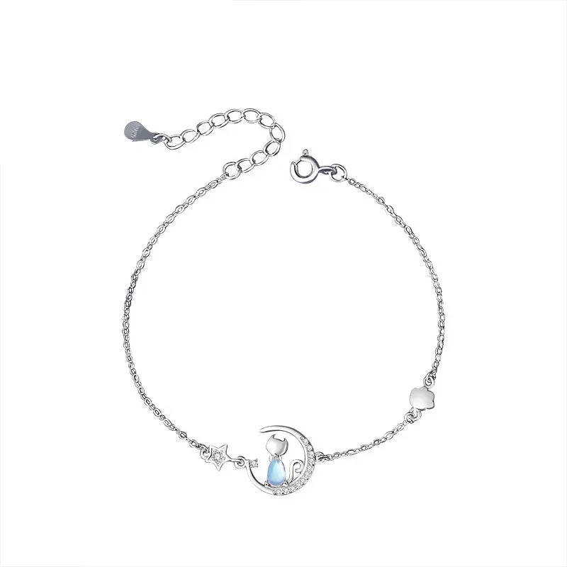 Beautiful Crystal Cat Stars Moon 925 Sterling Silver Charm Chain Bracelets for Women Fine Jewelry Accessories