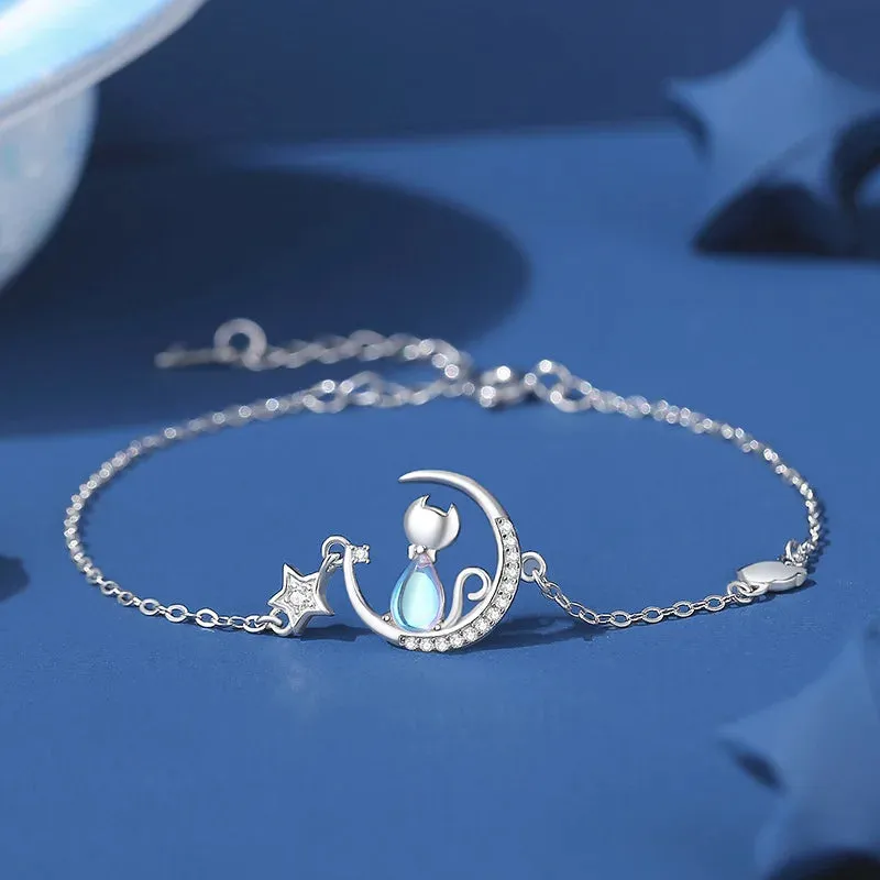 Beautiful Crystal Cat Stars Moon 925 Sterling Silver Charm Chain Bracelets for Women Fine Jewelry Accessories
