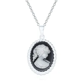 Bling Jewelry Vintage Style Simulated Red Coral Rose Pink Peach Craved Oval Victorian Lady Maiden Cameo Necklace Pendant for Women 925 Sterling Silver Cable Frame Portrait Black