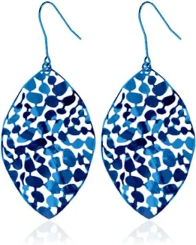 Blue Plated Metal Leaf Drop Earrings