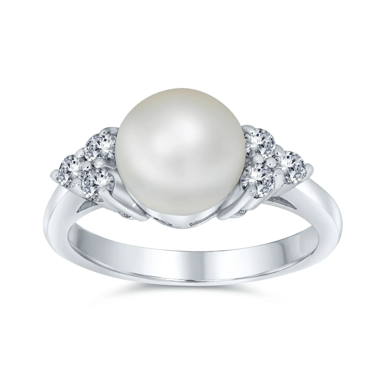 Bridal CZ Halo Pearl Cocktail Statement Ring in Sterling Silver Solitaire Style