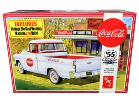 Chevrolet 1955 Cameo Pickup Truck "Coca-Cola" with Vintage Vending Machine and Dolly 1/25 Scale Skill 3 Model Kit by AMT