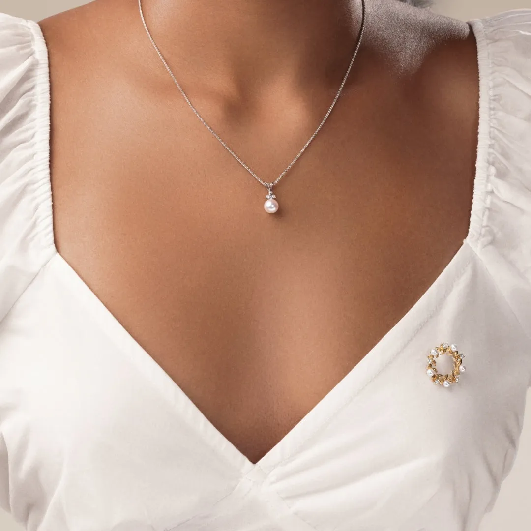 Classic Cultured Pearl and Three Stone Diamond Pendant