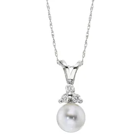 Classic Cultured Pearl and Three Stone Diamond Pendant