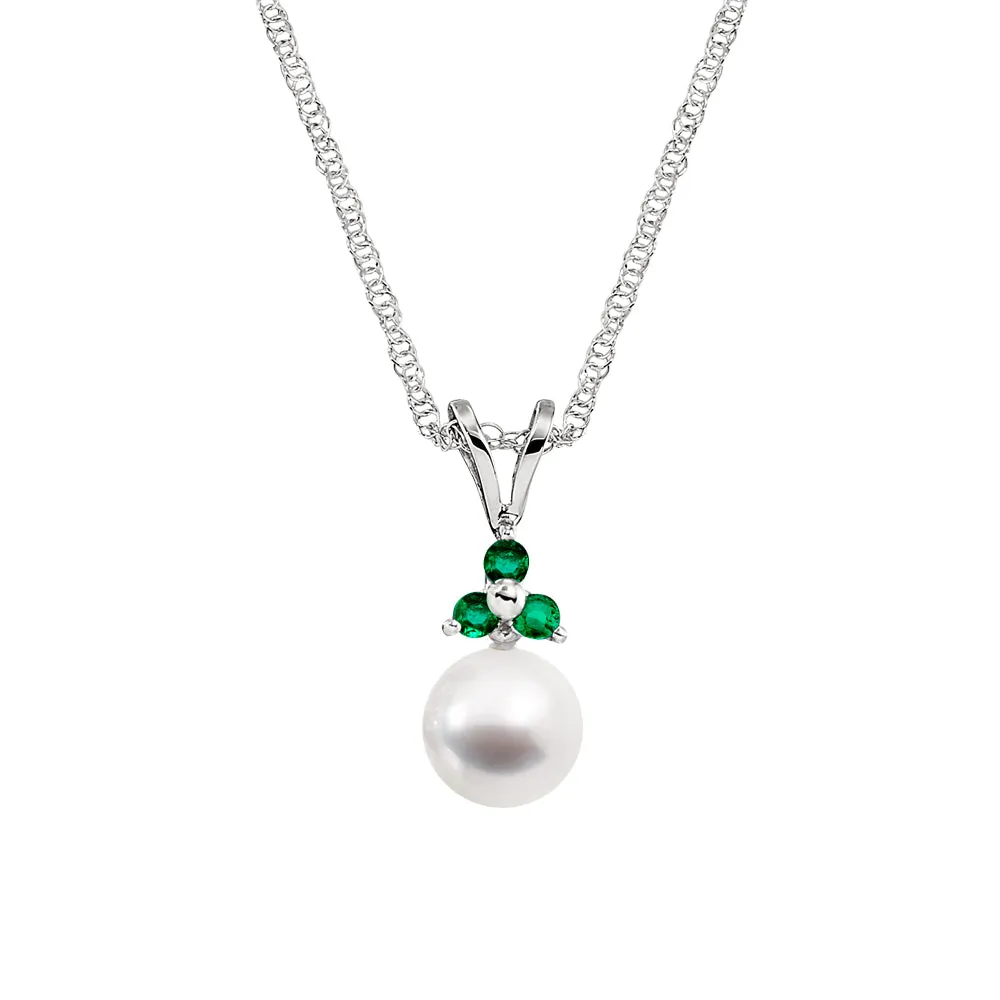 Classic Cultured Pearl and Three Stone Diamond Pendant