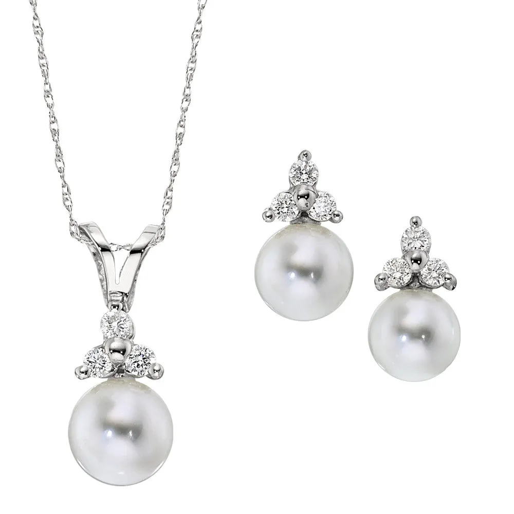 Classic Cultured Pearl and Three Stone Diamond Pendant