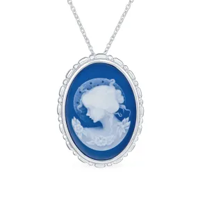 Classic Vintage Blue White Victorian Lady Cameo Pendant Necklace in Sterling Silver