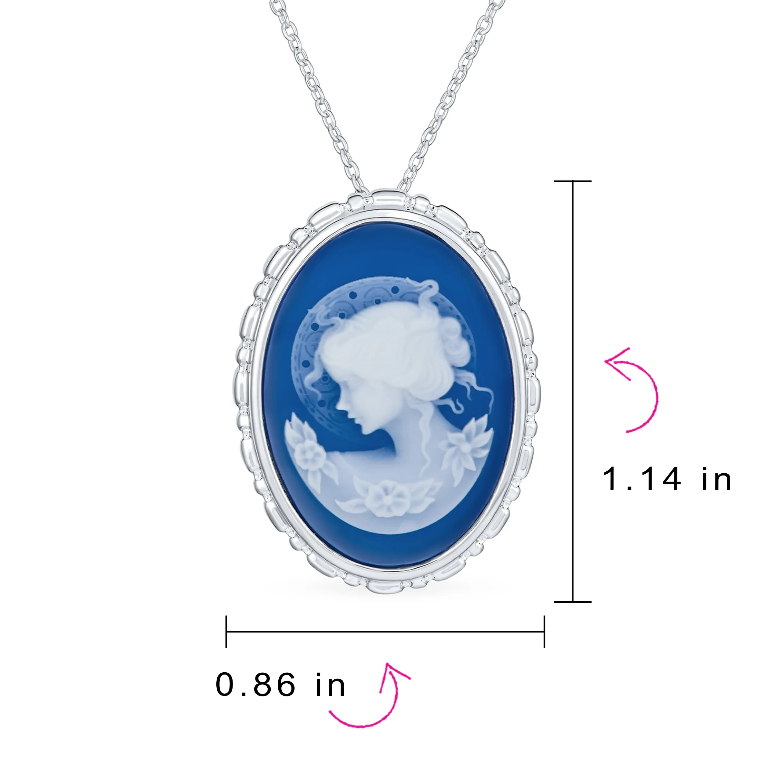 Classic Vintage Blue White Victorian Lady Cameo Pendant Necklace in Sterling Silver