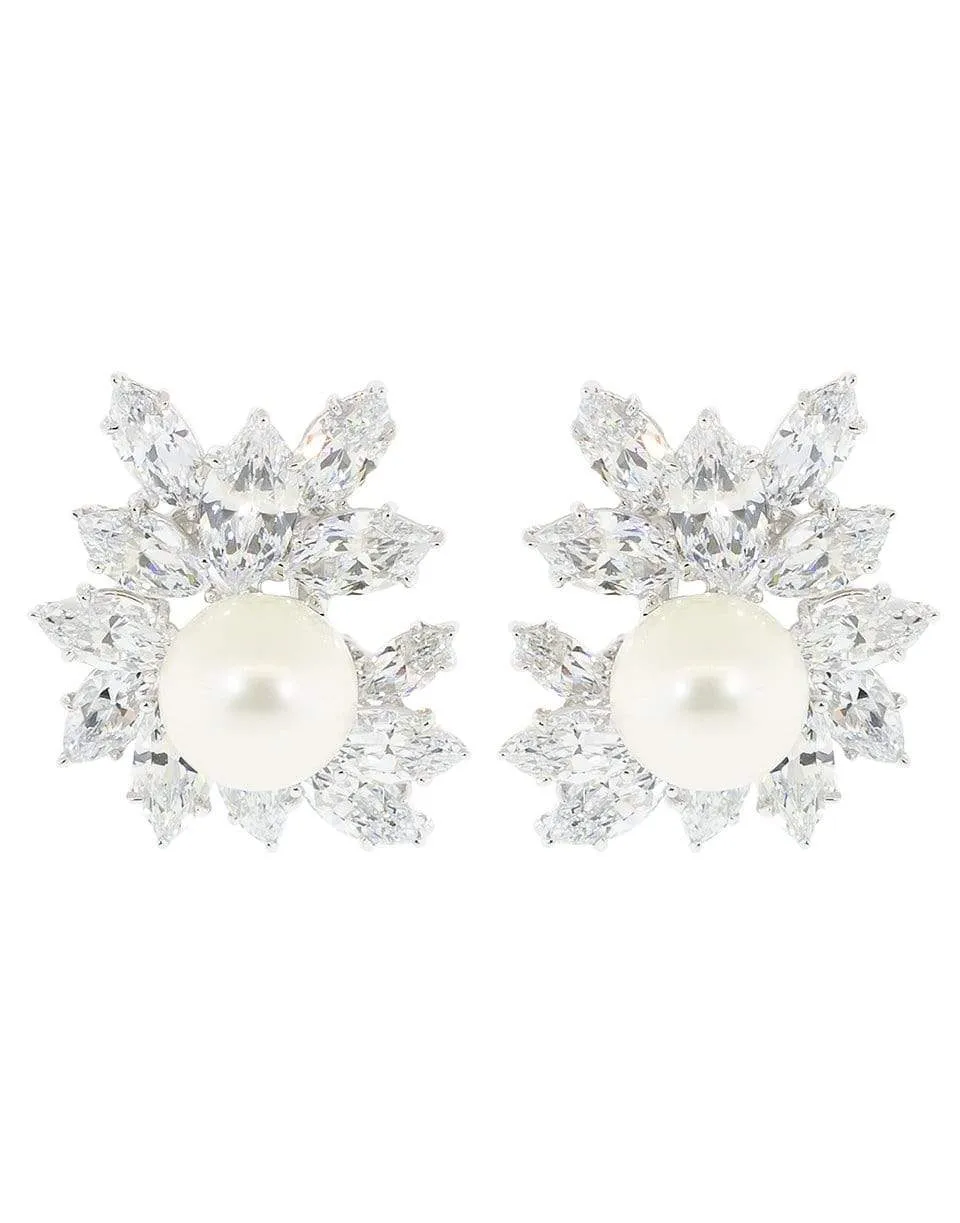 Cluster Diamond Earrings With Pearl