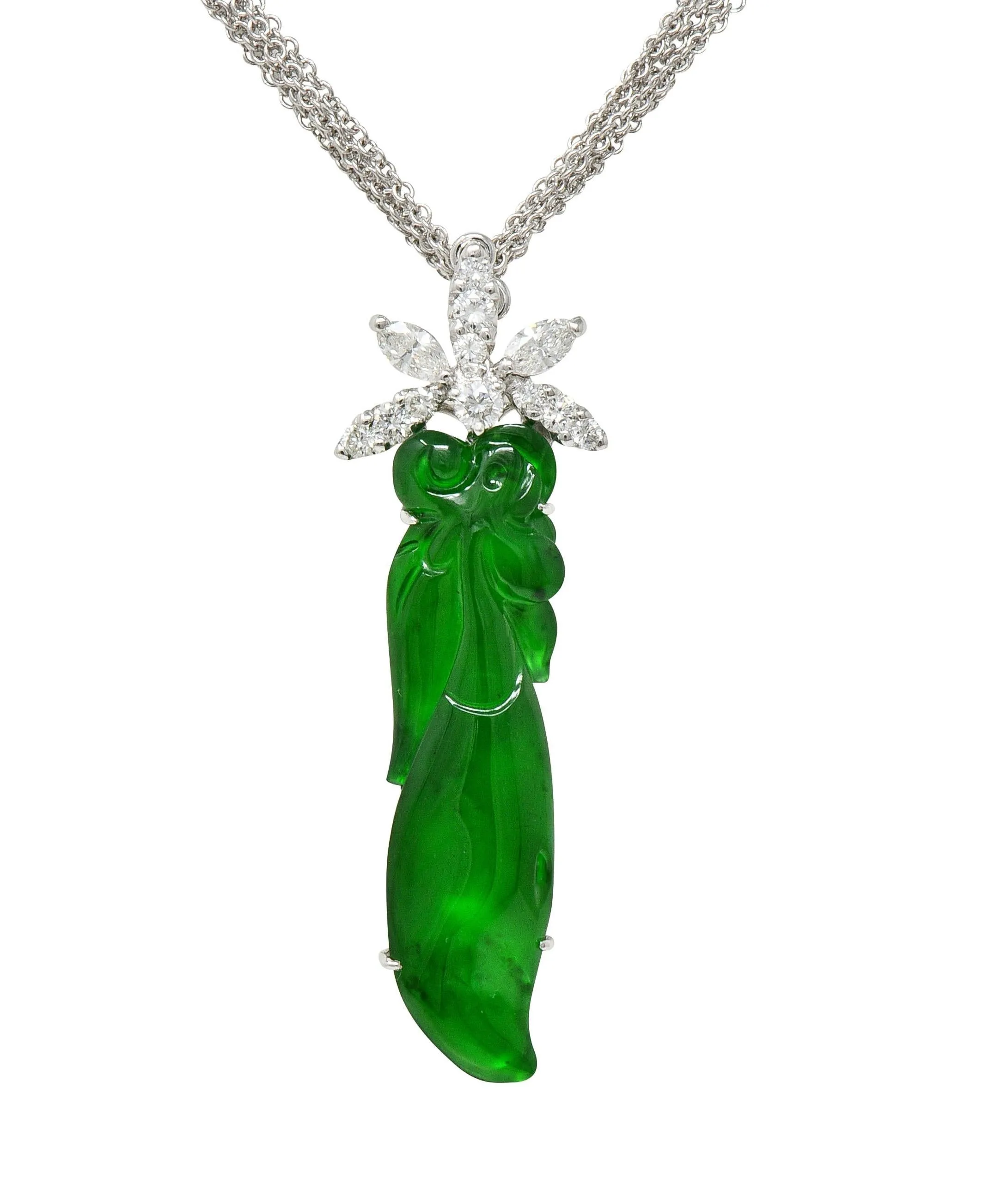 Contemporary Type A Jadeite Jade Diamond 18 Karat White Gold Pendant Necklace GIA