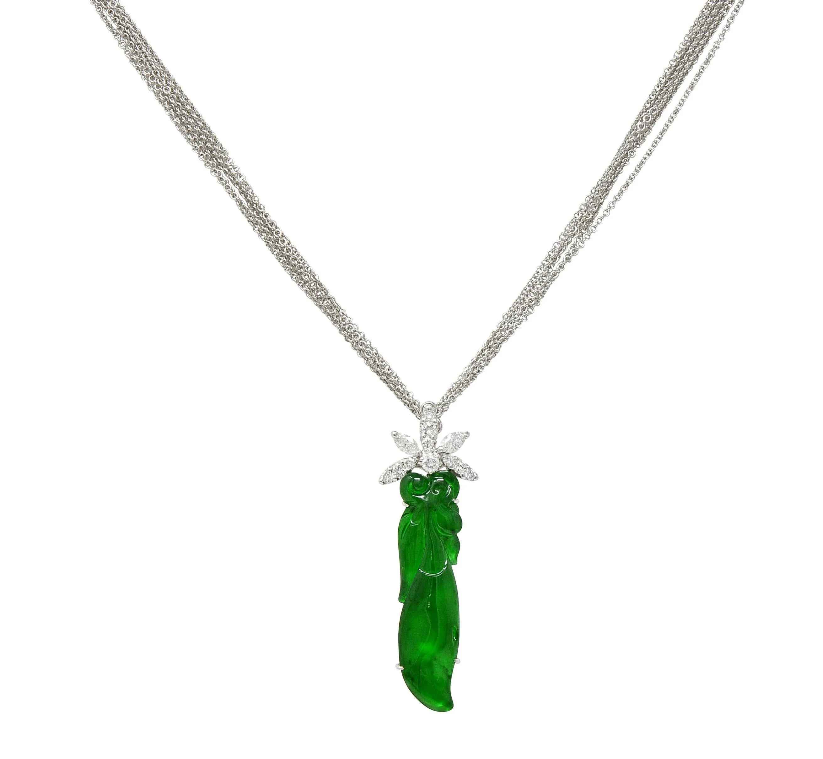 Contemporary Type A Jadeite Jade Diamond 18 Karat White Gold Pendant Necklace GIA