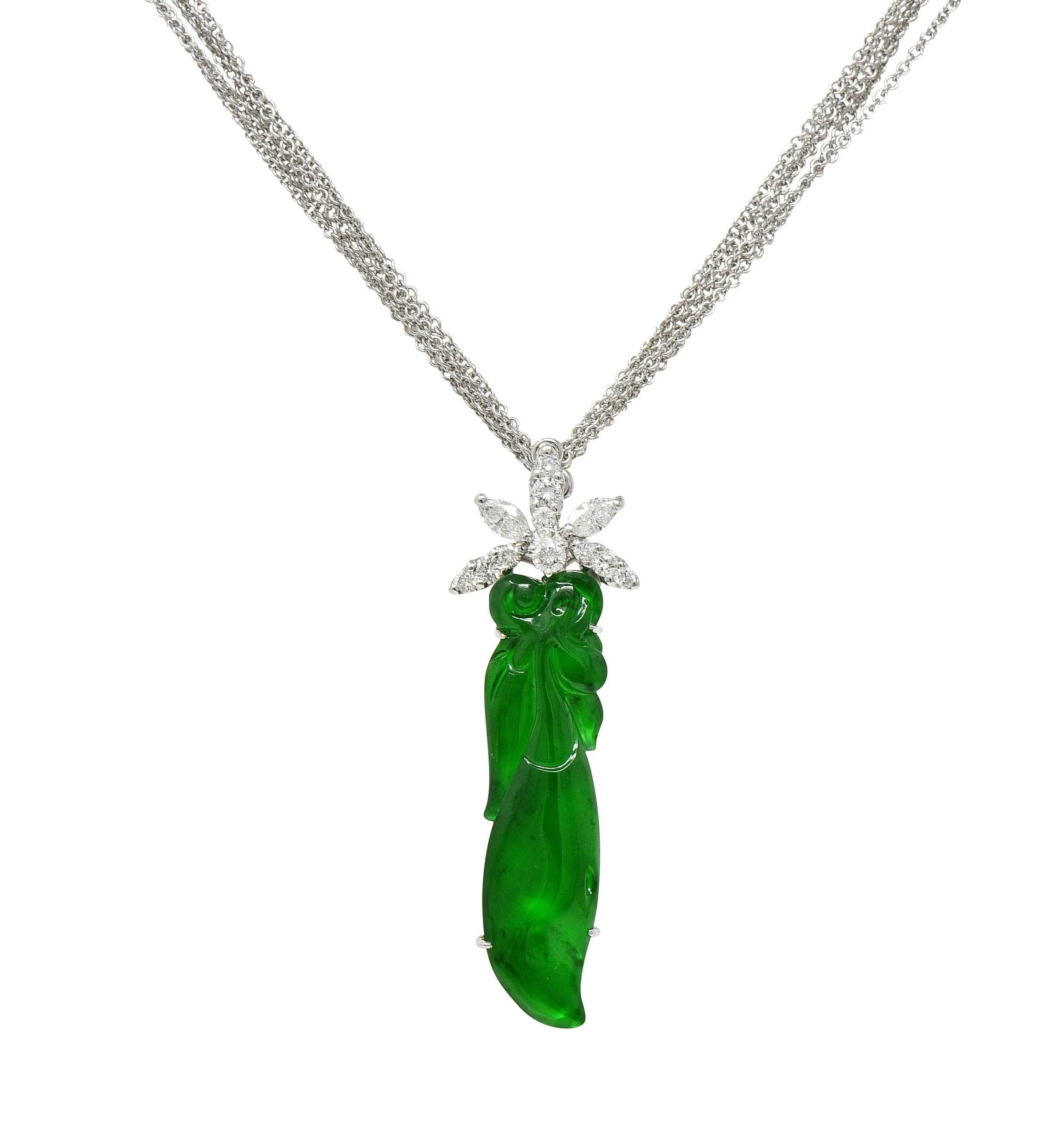 Contemporary Type A Jadeite Jade Diamond 18 Karat White Gold Pendant Necklace GIA