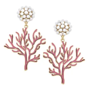 Coral Enamel Pearl Cluster Earrings in Pink