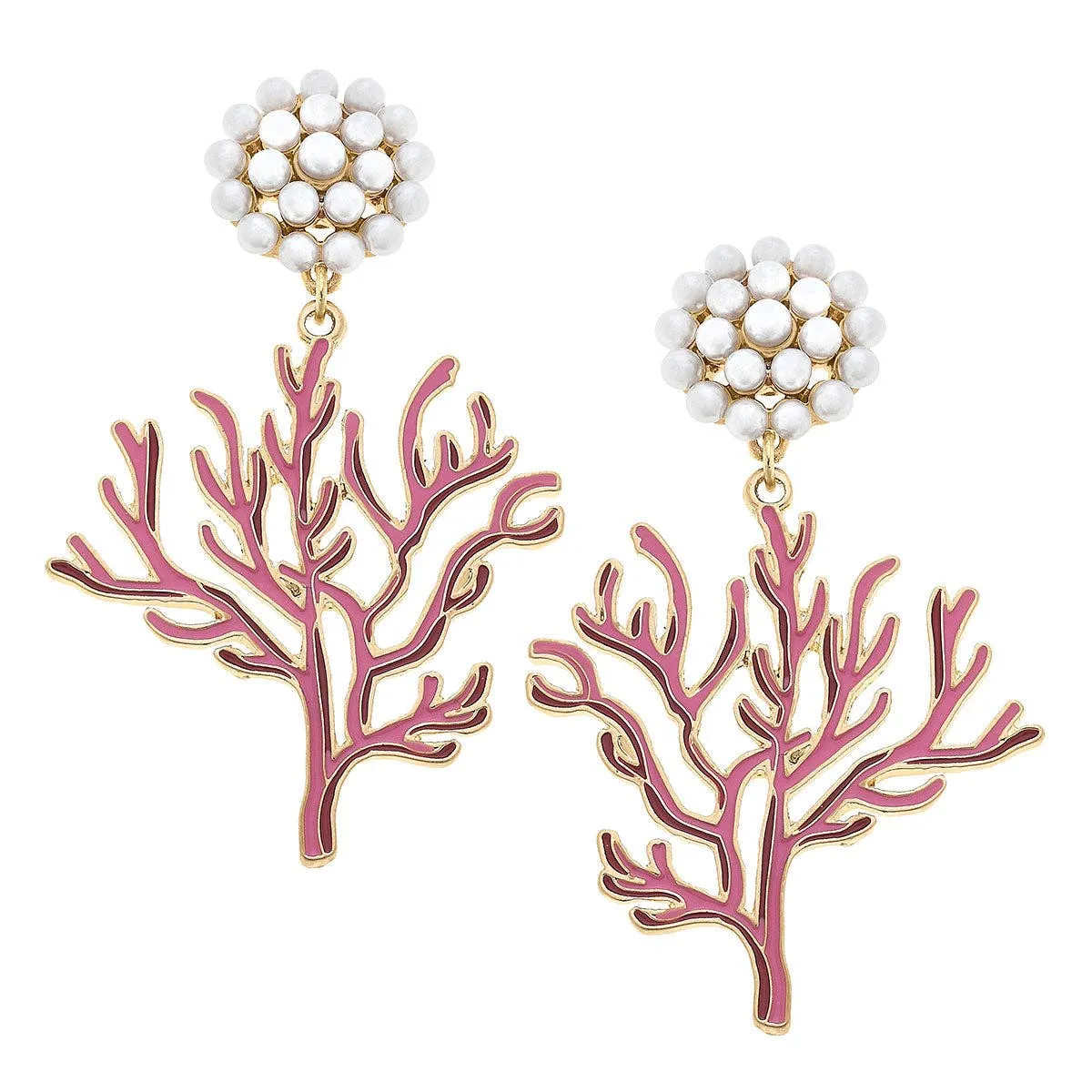 Coral Enamel Pearl Cluster Earrings in Pink
