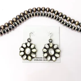 Daniel Benally | Navajo Handmade Sterling Silver Flower Dangling Cluster Earrings with White Water Pearl Stones