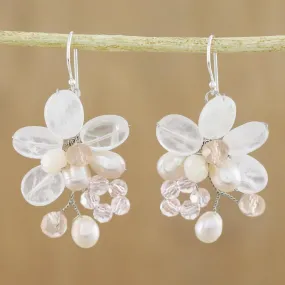 Elegant Flora Rose Quartz and Cultured Pearl Dangle Earrings from Thailand
