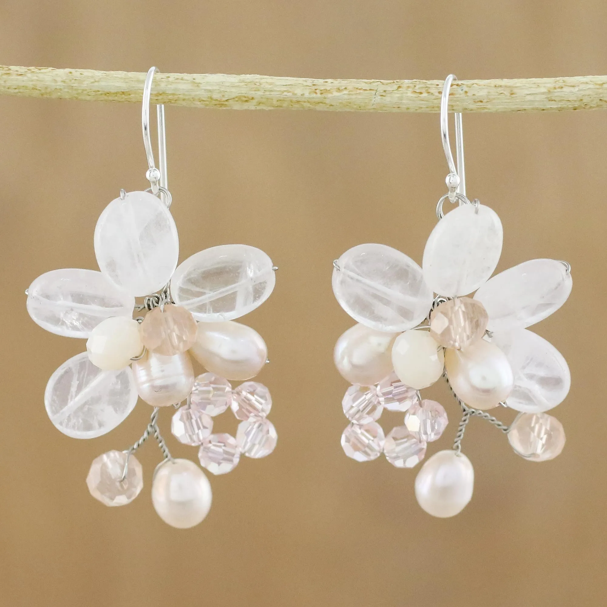Elegant Flora Rose Quartz and Cultured Pearl Dangle Earrings from Thailand