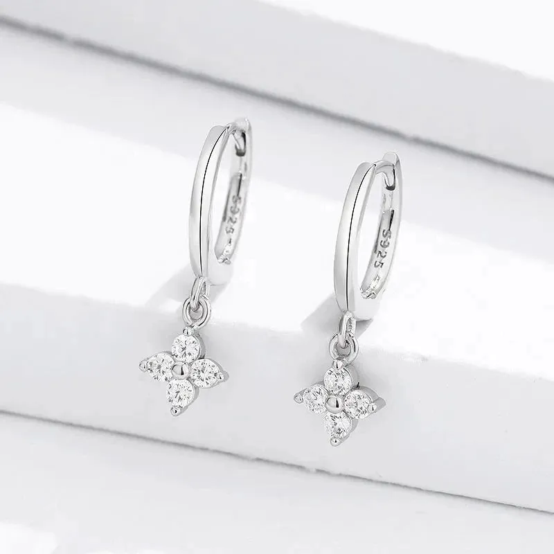 Four Leaf Flower 925 Sterling Silver Crystal Hoop Earrings for Women Girls Fashion Silver Gold Color Huggies Elegant Jewelry
