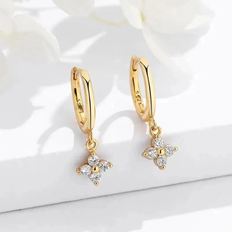 Four Leaf Flower 925 Sterling Silver Crystal Hoop Earrings for Women Girls Fashion Silver Gold Color Huggies Elegant Jewelry