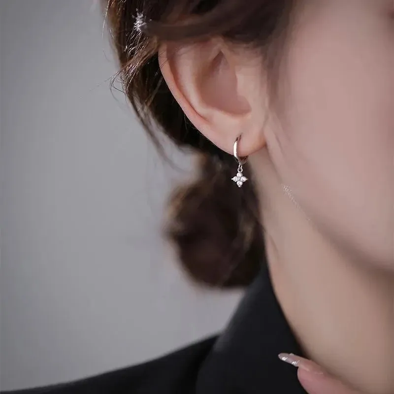 Four Leaf Flower 925 Sterling Silver Crystal Hoop Earrings for Women Girls Fashion Silver Gold Color Huggies Elegant Jewelry