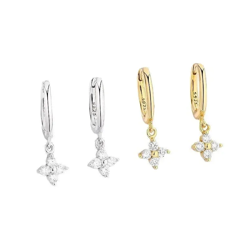 Four Leaf Flower 925 Sterling Silver Crystal Hoop Earrings for Women Girls Fashion Silver Gold Color Huggies Elegant Jewelry