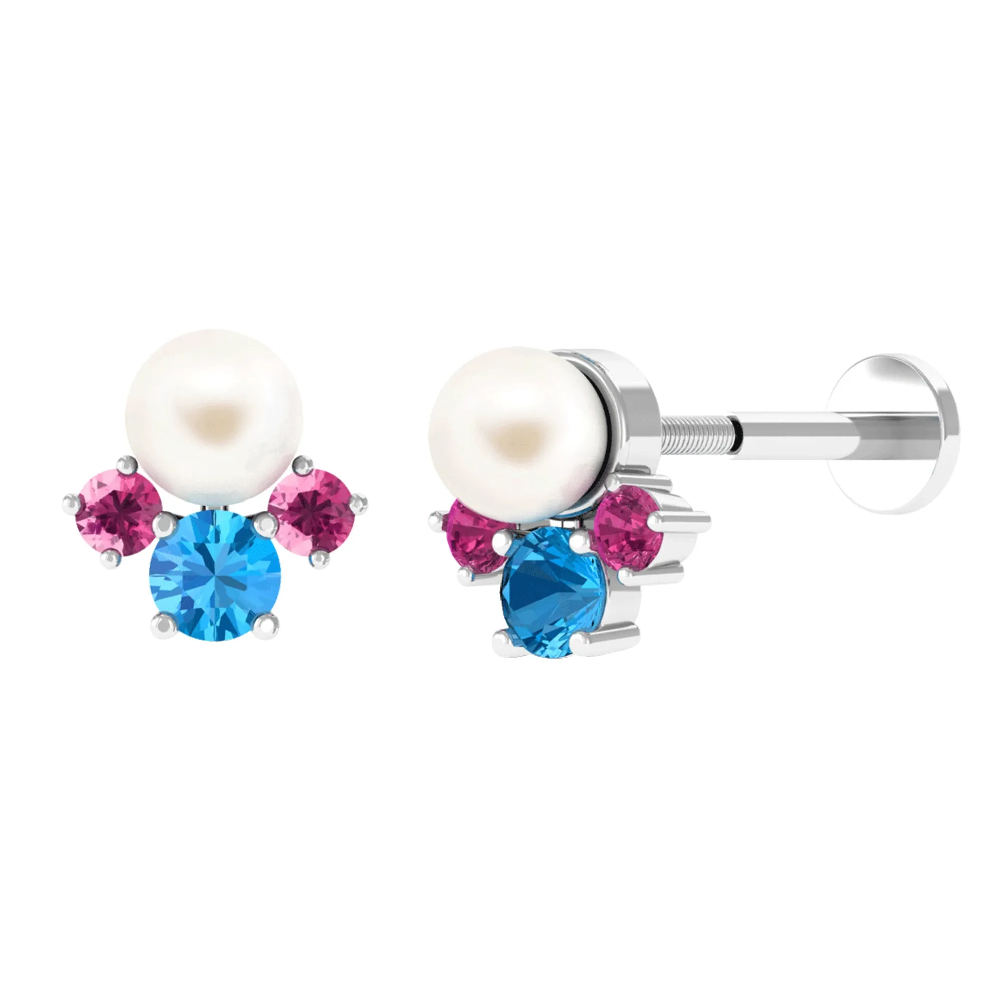Freshwater Pearl Cluster Earring with Blue Topaz and Pink Tourmaline