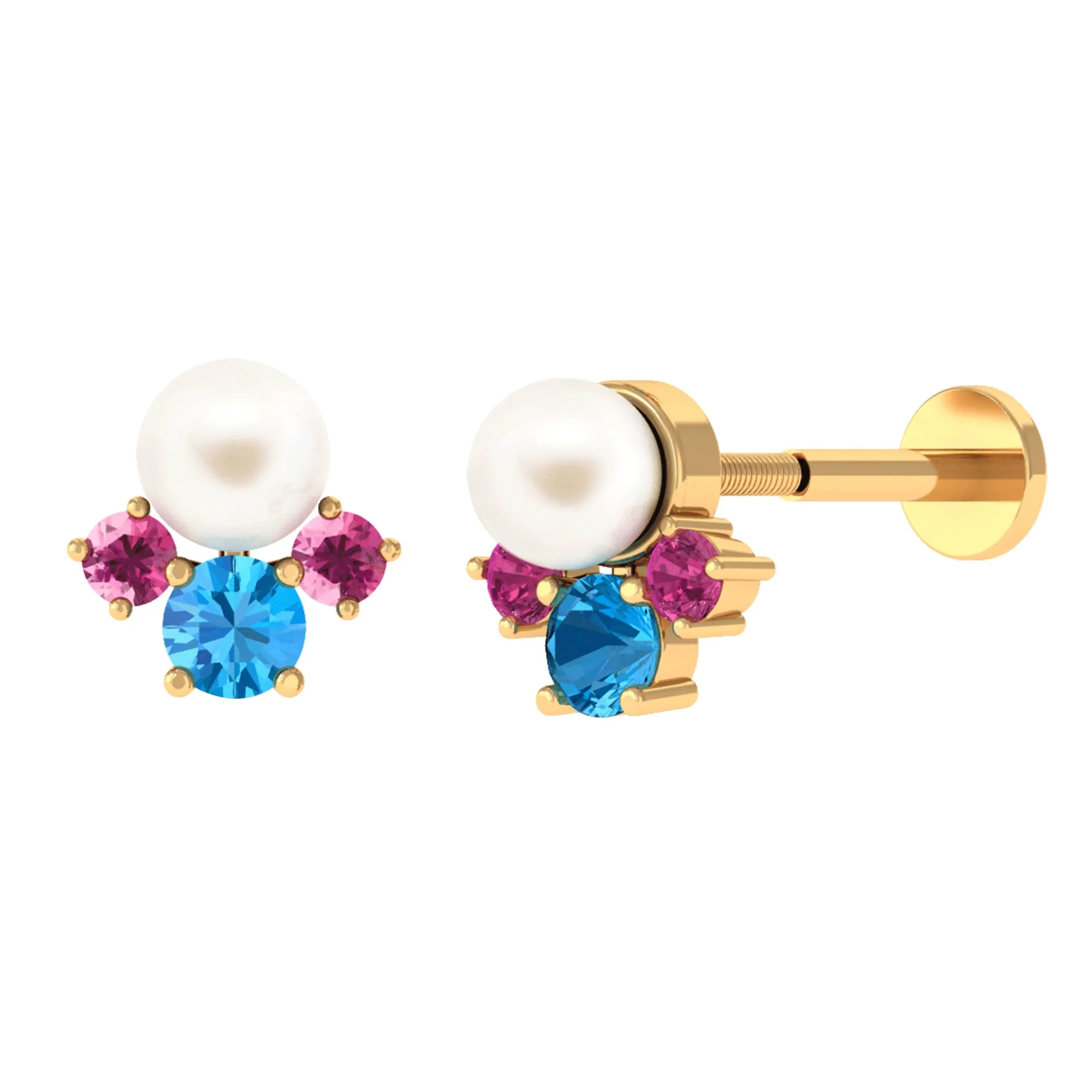 Freshwater Pearl Cluster Earring with Blue Topaz and Pink Tourmaline
