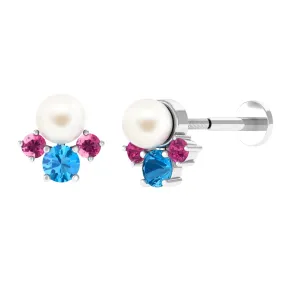 Freshwater Pearl Cluster Earring with Blue Topaz and Pink Tourmaline